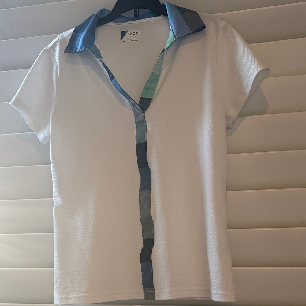 Izod Women's  White Polo with Teal, blue, green.   Sz: M; EUC
